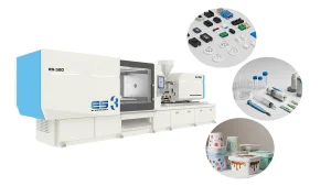 all-electric servo injection molding machine shown with a variety of molded products, including electronic components, medical devices, and consumer packaging containers.