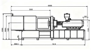 300-Ton Injection Molding Machine: Side Elevation Diagram with Key Dimensions