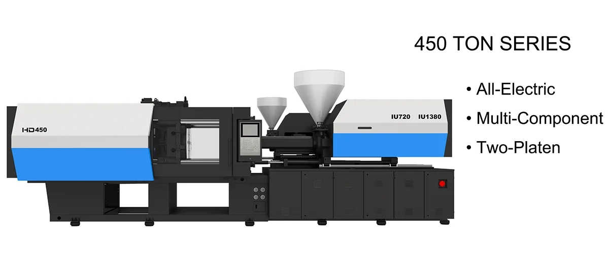 Technical overview of three 450-ton injection molding machine types: All-Electric, Multi-Component, and Two-Platen.