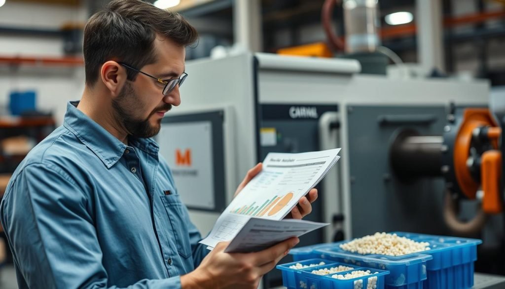 Engineer selecting plastic pellets for injection molding machine