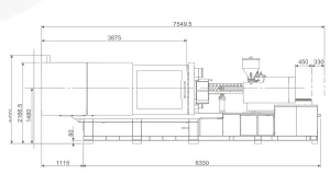 Technical drawing showing the length, height, and main component dimensions of a large horizontal injection molding press, identified as a 400-ton model.