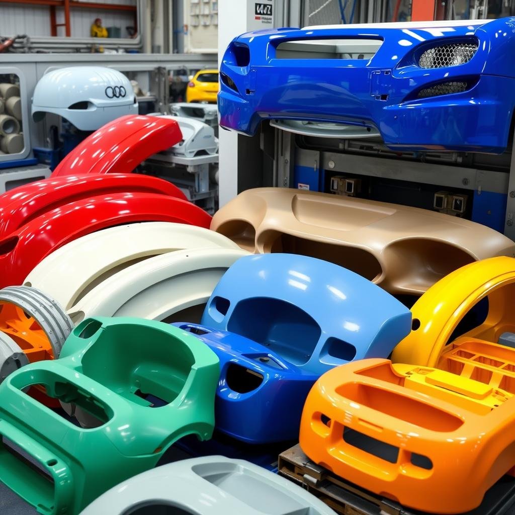 Large automotive parts produced on a 450 Ton two-platen injection molding machine