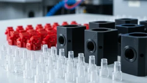 A close-up view of multiple perfectly finished injection molded parts in red, black, and clear plastic, showcasing high precision and defect-free quality from the manufacturing process.
