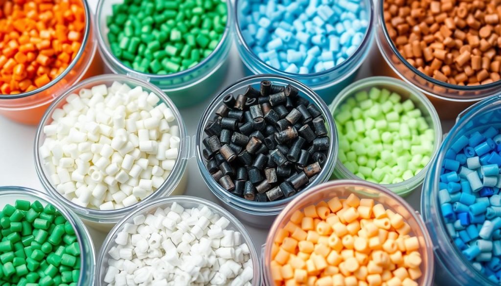 Various plastic pellets for injection molding in different colors and types